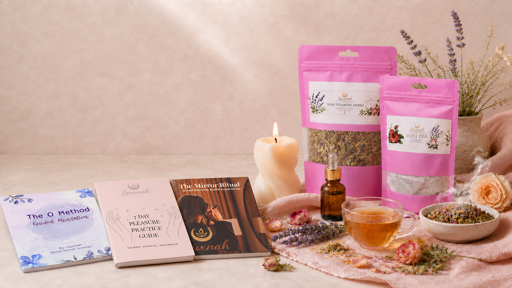 LOUXNAH botanical blends and digital ritual guides arranged with flowers, candlelight and oil