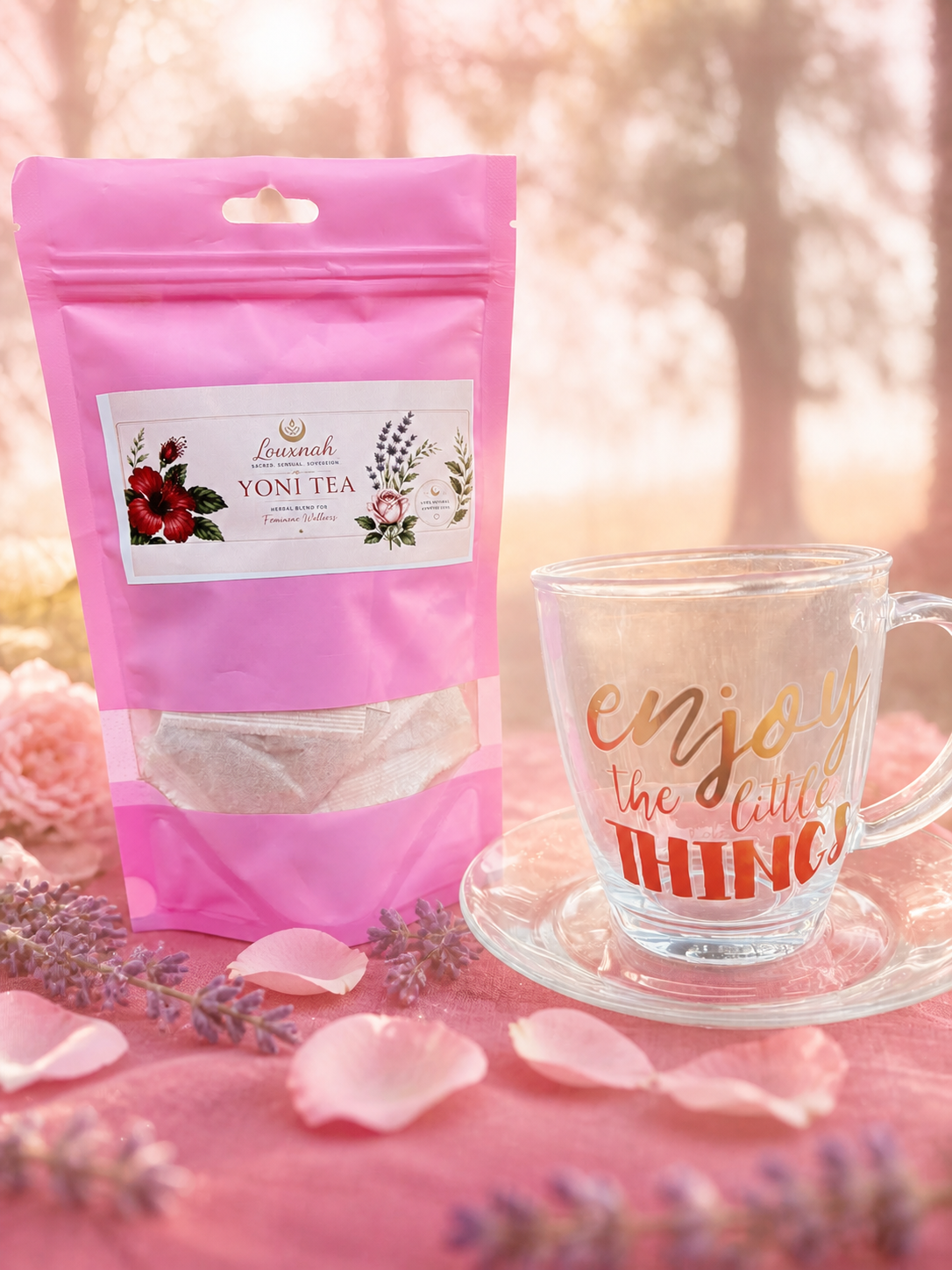 LOUXNAH Yoni Tea in a soft botanical setting